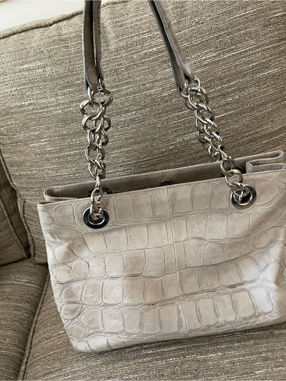 Stuart Weitzman Crocodile Embossed Handbag- Cream - Beautiful Silver Hardware